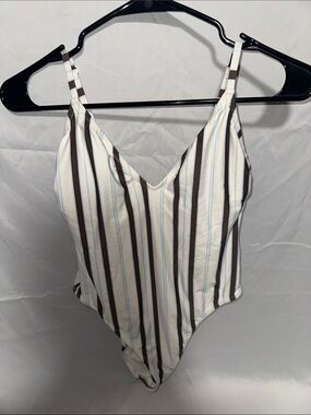 SOLID & STRIPED Cream, Brown and Light Blue Striped One-Piece Swimsuit